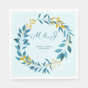 Elegante Blauw Goud Blad Gepersonaliseerde bruilof Servet