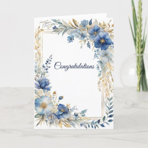 Elegante Blauw Goud Bloemen bruiloft Gefeliciteerd Kaart