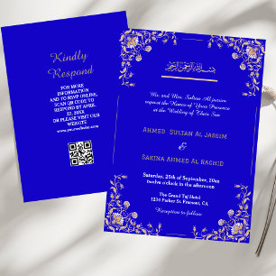 Elegante Blauw Goud Islamitische Moslim Trouwkunst Kaart