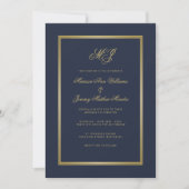 Elegante Blauw Goud Script Monogram Huwelijk Kaart (Voorkant)
