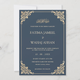 Elegante  Blauw Goud Script Moslim bruiloft Kaart