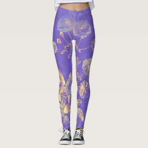 Elegante  Blauw Gouden Bloemen Illustratie Leggings