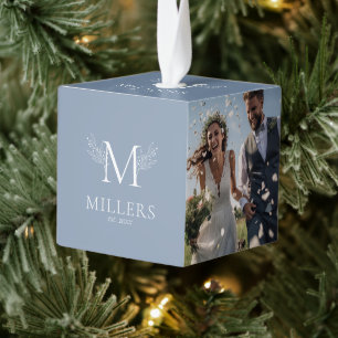 Elegante blauw-grijze drie huwelijksfoto, monogram kubus ornament