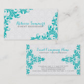 Elegante blauw-groene kant witte damast visitekaartje (Voorkant / Achterkant)