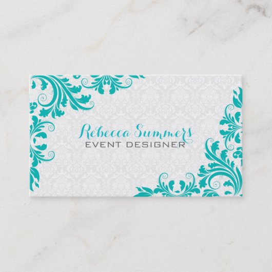 Elegante blauw-groene kant witte damast visitekaartje (Voorkant)