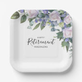 Elegante Blauw Wit Bloemen Custom Retirement Party Papieren Bordje (Voorkant)