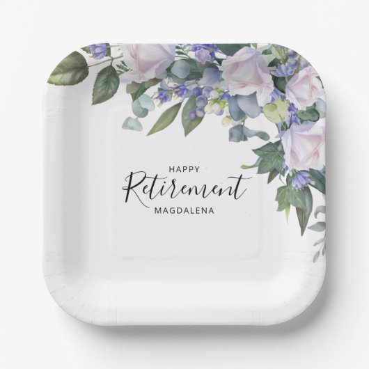Elegante Blauw Wit Bloemen Custom Retirement Party Papieren Bordje (Voorkant)