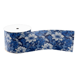 Elegante blauw-witte bloem grosgrain lint
