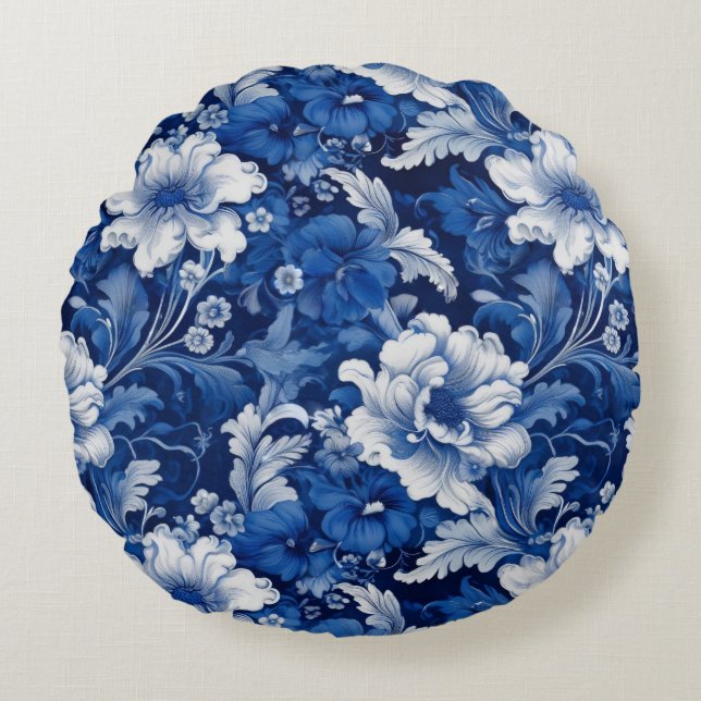 Elegante blauw-witte  bloem rond kussen (Voorkant)