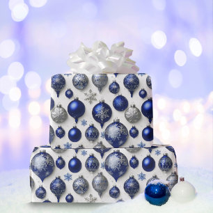 Elegante Blauw Zilveren Kerst Ornamenten Cadeaupapier