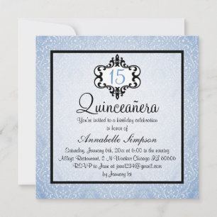 Elegante Blauw/Zwart Chic Damask Quinceanera Uitno Kaart