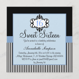 Elegante Blauw & Zwart Chic Sweet 16 Uitnodigen Kaart