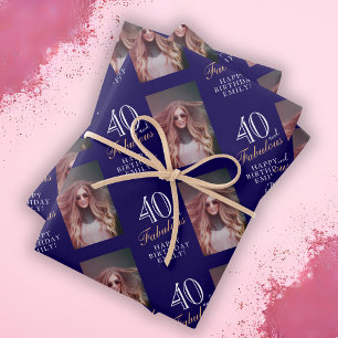 Elegante Blauwe 40 en Prachtige 40e Verjaardagsfot Inpakpapier Vel