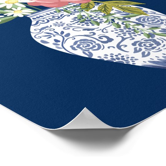 Elegante blauwe aardewerk vaas en bloeiende bloeme poster (Hoek)