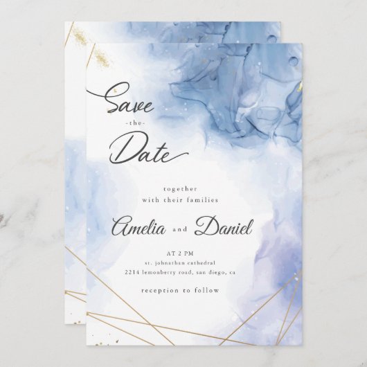 Elegante Blauwe Agate Huwelijk Save the Date Kaart (Voorkant / Achterkant)