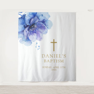 Elegante Blauwe Aquarel Bloem Doop Achtergrond Wandkleed