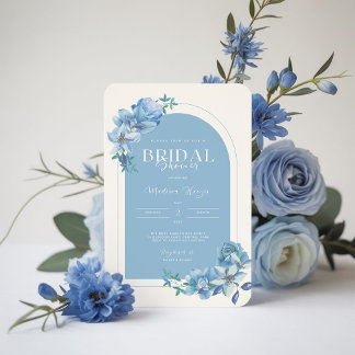 Elegante Blauwe Aquarel Bloemachtige Bruidsuitnodi Kaart