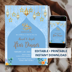 Elegante Blauwe Aquarel Iftar-dineruitnodiging Kaart
