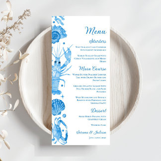 Elegante Blauwe Aquarel Kust Zeevruchten Bruiloft Menu