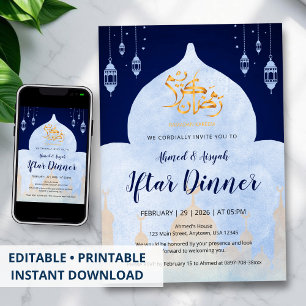 Elegante Blauwe Aquarel Moskee Ramadan Iftar Feest Kaart