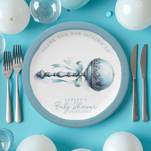 Elegante Blauwe Baby Rammelaar Jongen Baby Shower Papieren Bordje