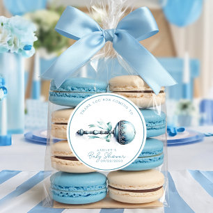 Elegante Blauwe Baby Rammelaar Jongen Baby Shower Ronde Sticker