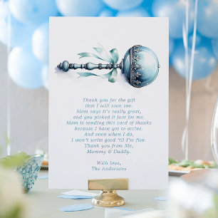 Elegante Blauwe Baby Rammelaar Jongens Babyfeestje Bedankkaart