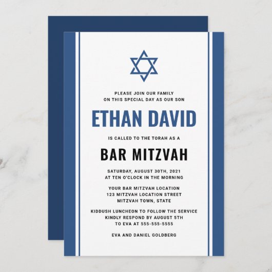 Elegante blauwe bar mitswa uitnodigingen (Voorkant / Achterkant)