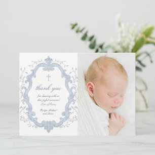 Elegante Blauwe Blad Crest Doop Foto Bedankt Kaart