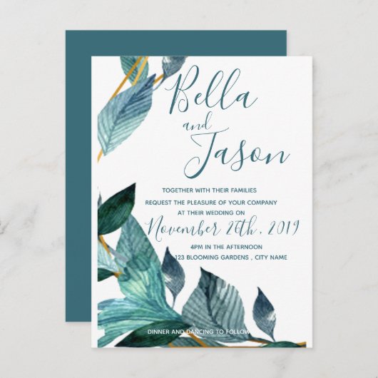 Elegante Blauwe Bladeren Script Trouw Uitnodiging (Voorkant / Achterkant)
