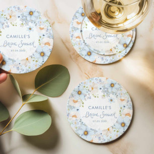Elegante blauwe bloem bruidsshower drank coaster vierkante kartonnen onderzetter