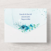 Elegante blauwe bloem gepersonaliseerd Save the Da All In One Uitnodiging (Achterkant)