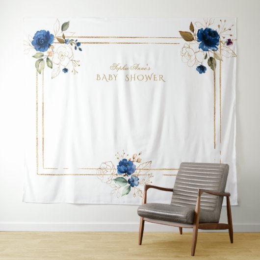 Elegante blauwe bloem gouden jongens baby shower d wandkleed (In Situ (horizontaal))