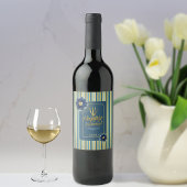 Elegante blauwe bloem gouden streep Happy Birthday Wijn Etiket