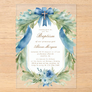 Elegante blauwe bloem kruis doop uitnodiging acryl uitnodigingen