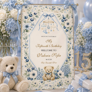 Elegante blauwe bloem teddybeer 15e verjaardagsfee spandoek