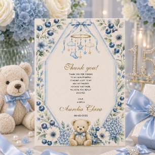 Elegante blauwe bloem teddybeer verjaardagsfeest bedankkaart