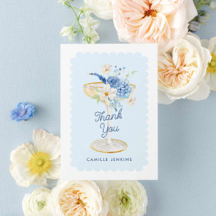 Elegante Blauwe Bloemblaadjes en Prosecco Bruidsdo Bedankkaart