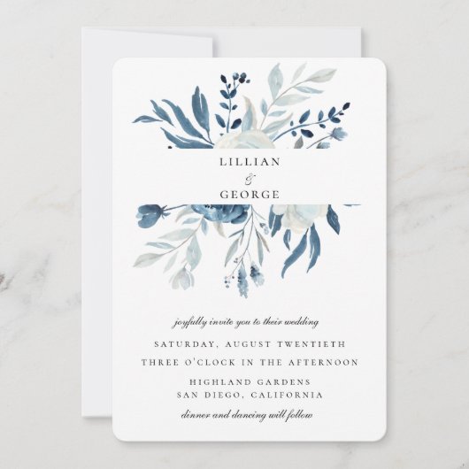 Elegante Blauwe Bloemboeket Bruiloft Kaart (Voorkant)