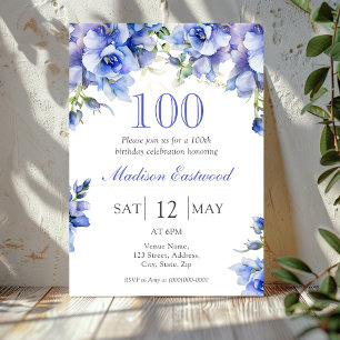 Elegante Blauwe Bloemen 100e Verjaardag Uitnodigin Kaart