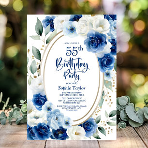 Elegante Blauwe Bloemen 55ste Verjaardagsfeest Kaart