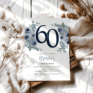 Elegante Blauwe Bloemen 60e Verjaardag Kaart