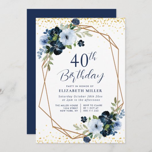 Elegante Blauwe Bloemen 60ste Uitnodiging van het (Voorkant / Achterkant)