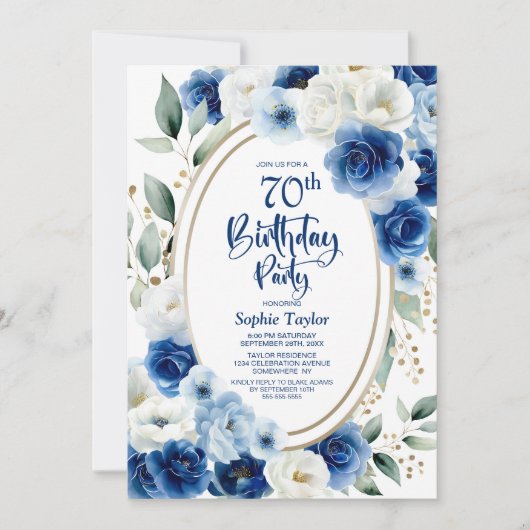 Elegante Blauwe Bloemen 70ste Verjaardagsfeest Kaart (Voorkant)
