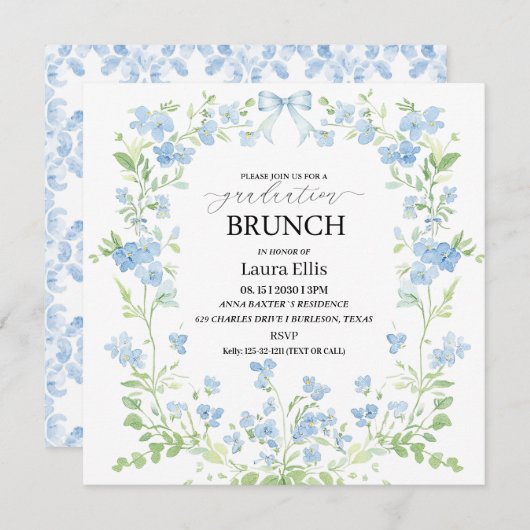 Elegante blauwe bloemen afstuderen brunch Uitnodig Kaart (Voorkant / Achterkant)