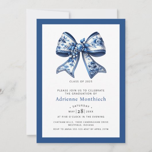 Elegante Blauwe Bloemen Boog Ribbon Afstudeerfeest Kaart (Voorkant)