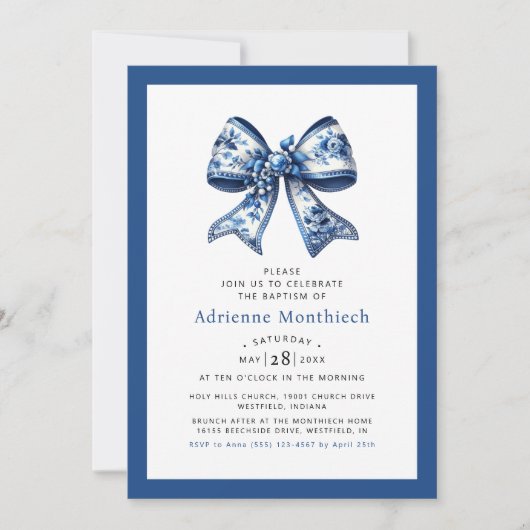 Elegante Blauwe Bloemen Boog Ribbon doop Kaart (Voorkant)
