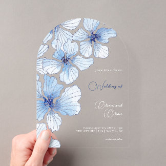 Elegante Blauwe Bloemen Bruiloft Acryl Uitnodigingen