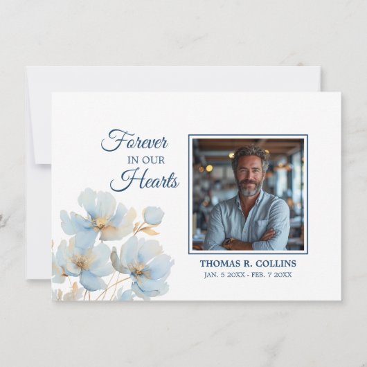 Elegante Blauwe Bloemen Dank u kaarten na begrafen (Achterkant)