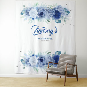 Elegante blauwe bloemen en zilveren confetti wandkleed